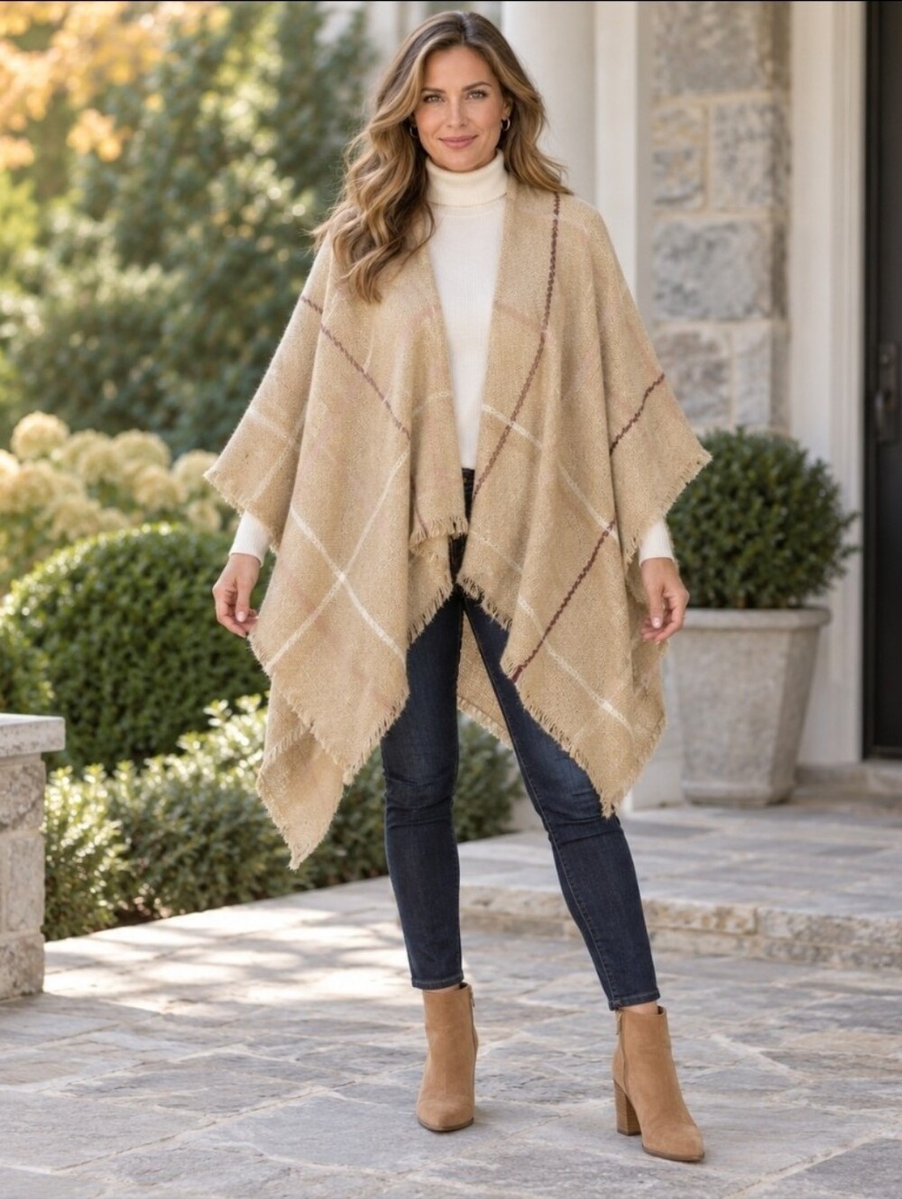 H by Halston NWT Plaid Waterfall Poncho Wrap Tan Pink Fringe One Size